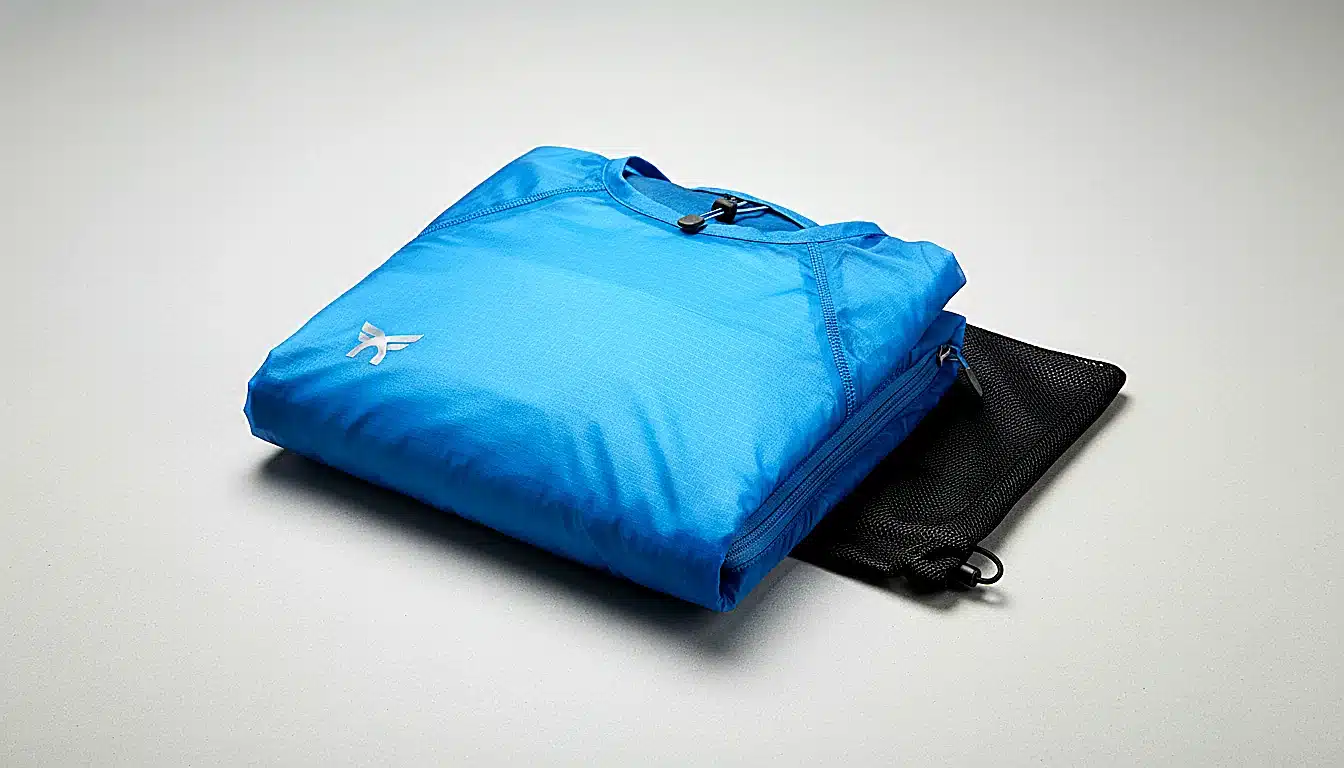 Veste running imperméable légère pliée sur fond neutre, détail produit