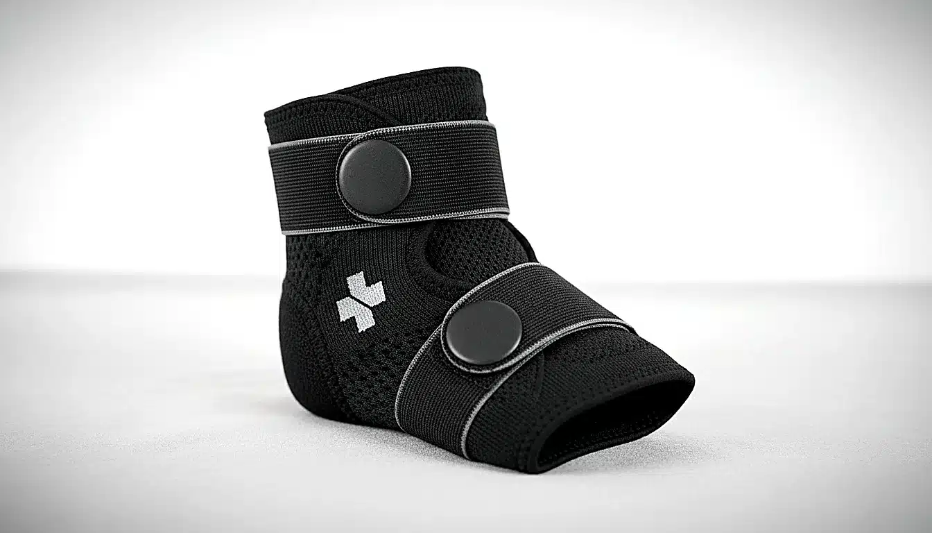 Chevillère noire de compression posée à plat sur fond neutre, vue produit détaillée