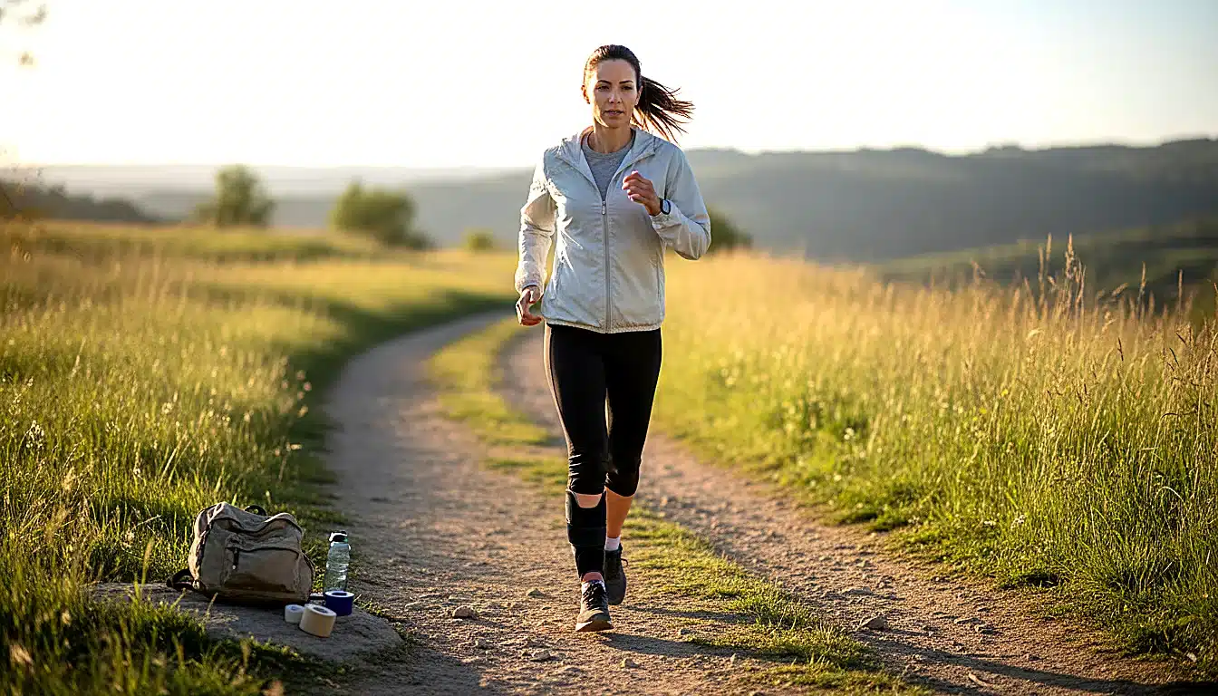 Coureuse en sortie running progressive portant sa chevillère sur sentier de parc