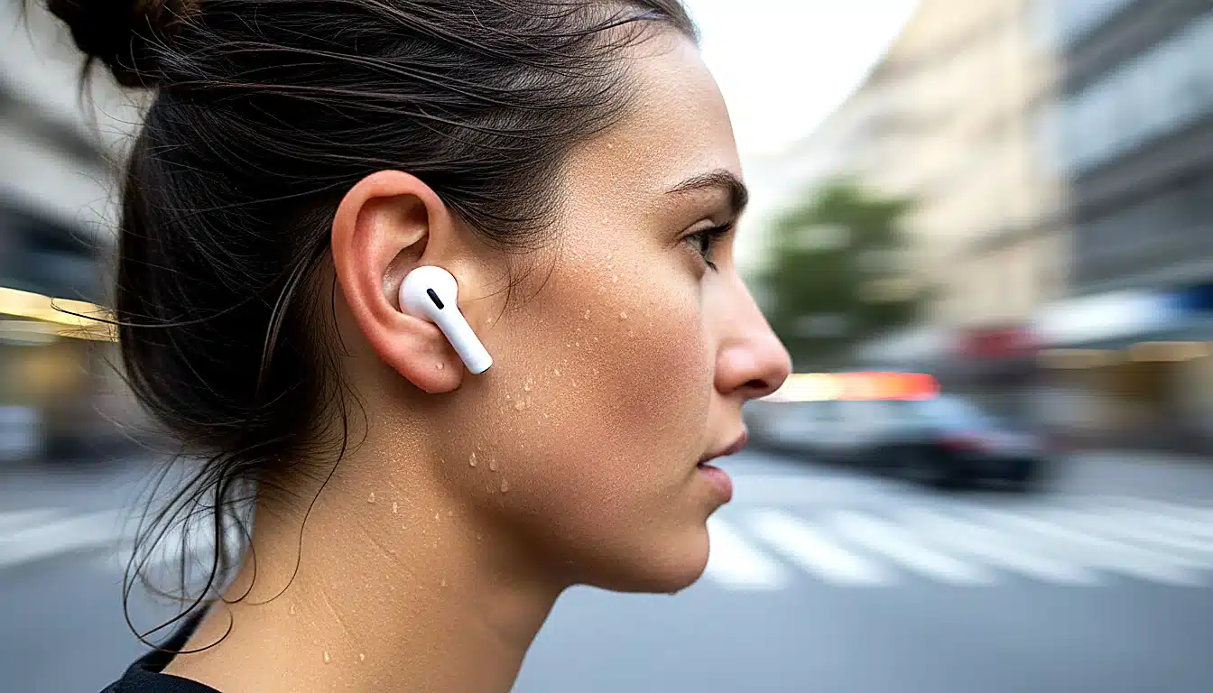 Coureur en milieu urbain avec écouteurs intra et téléphone visible dans armband