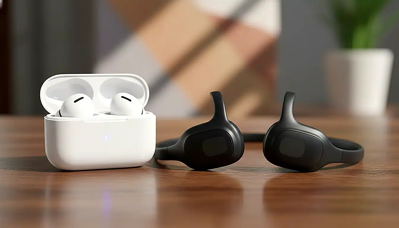Écouteurs intra-auriculaires sans fil et casque à conduction osseuse posés côte à côte
