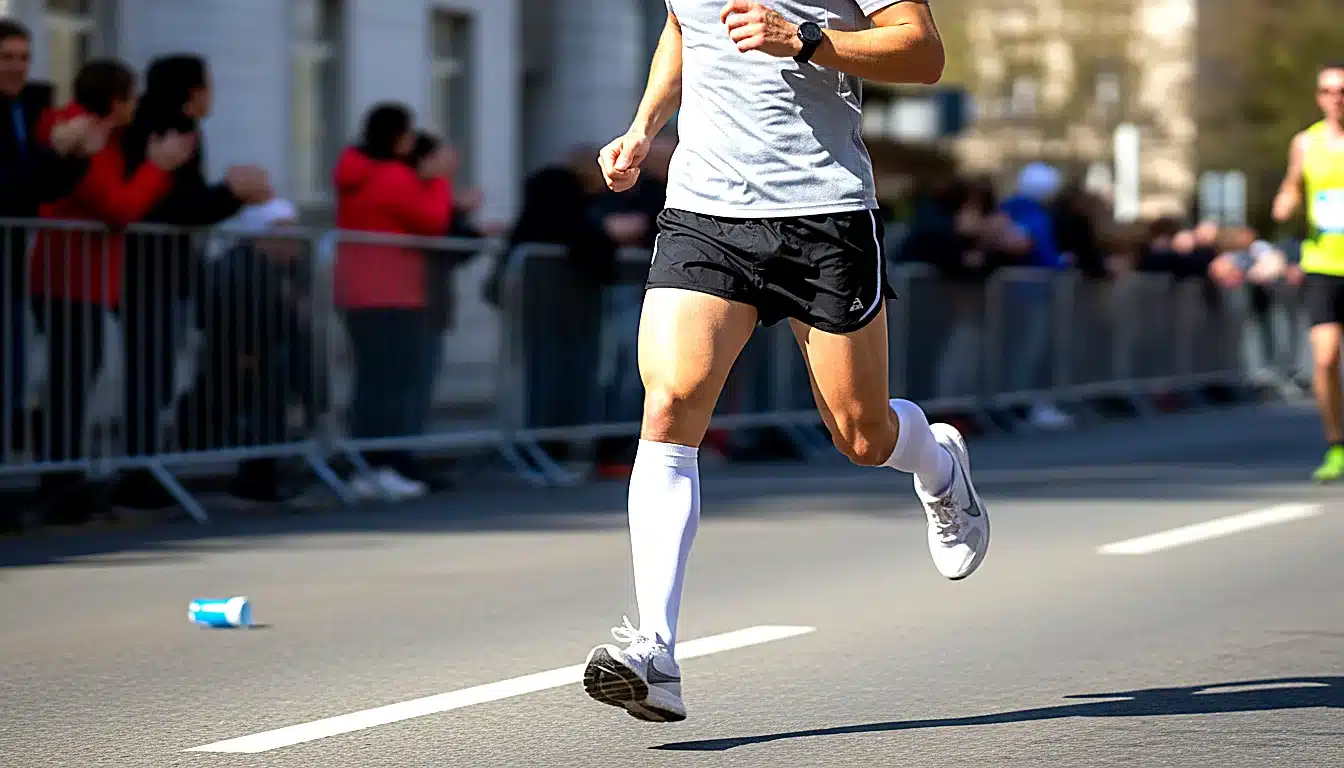 Coureur en pleine course portant des chaussettes de compression hautes blanches