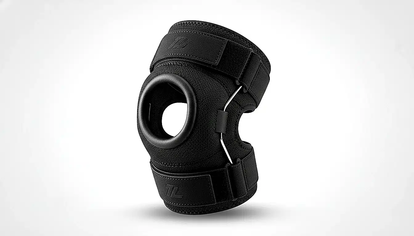 Genouillère noire avec ouverture rotulienne posée sur surface neutre, vue produit détaillée