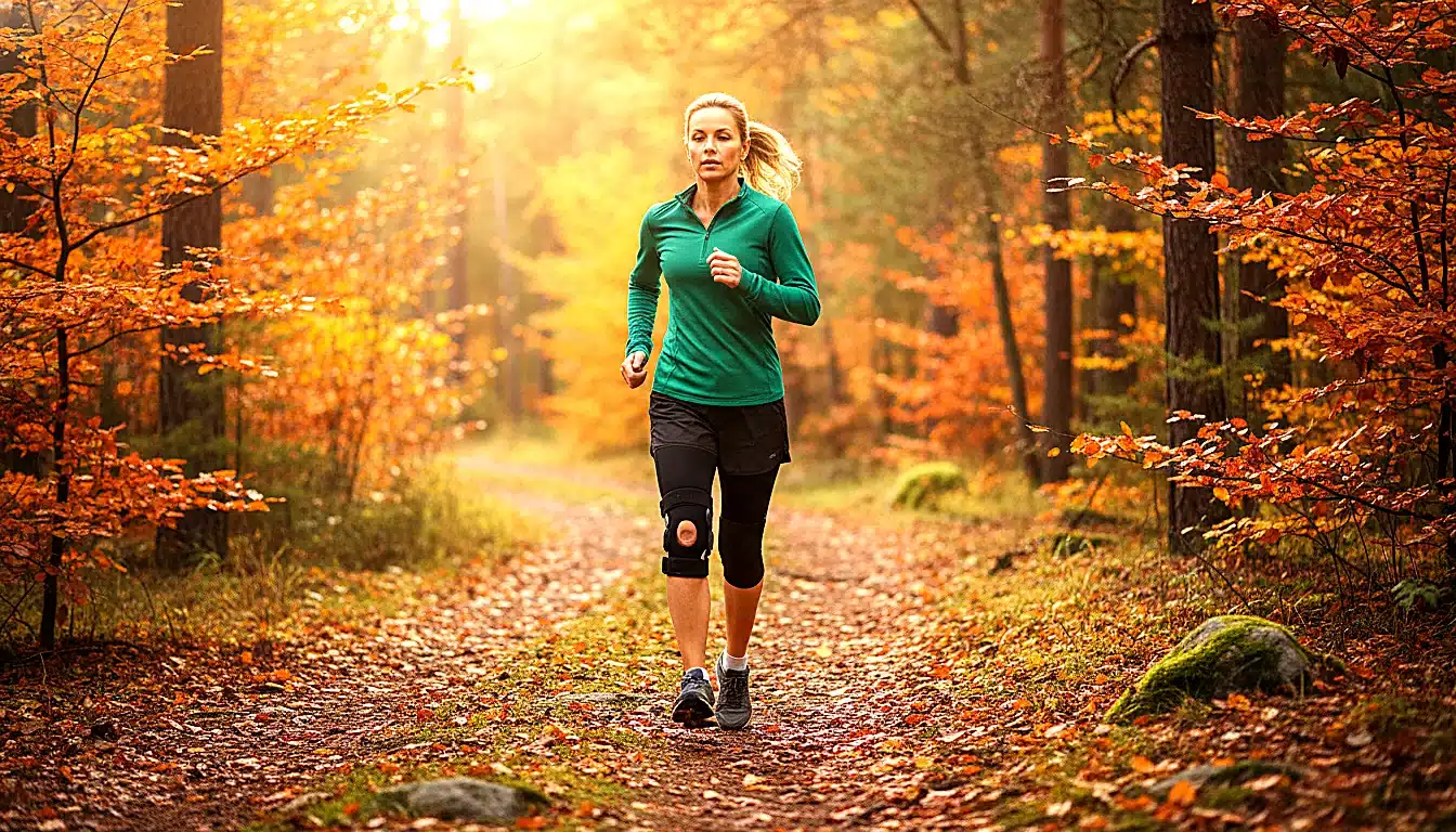 Coureuse en chemin forestier portant sa genouillère pendant la sortie running