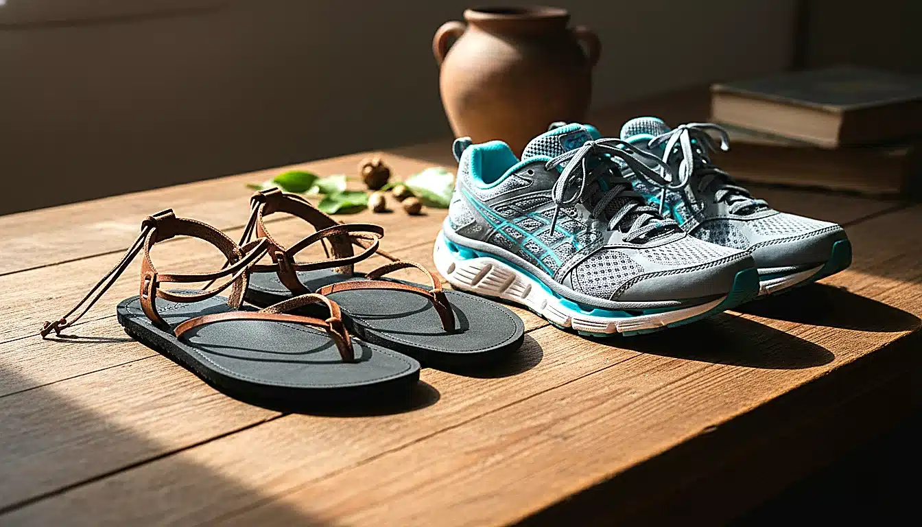 Paire de sandales huarache style Luna posées sur table en bois à côté de chaussures running classiques