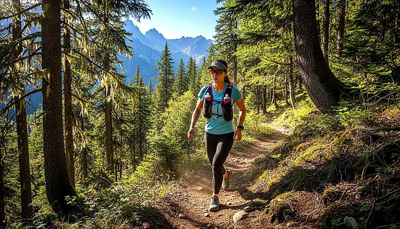 Coureur de trail avec sac à dos d'hydratation montant un sentier de montagne forestier