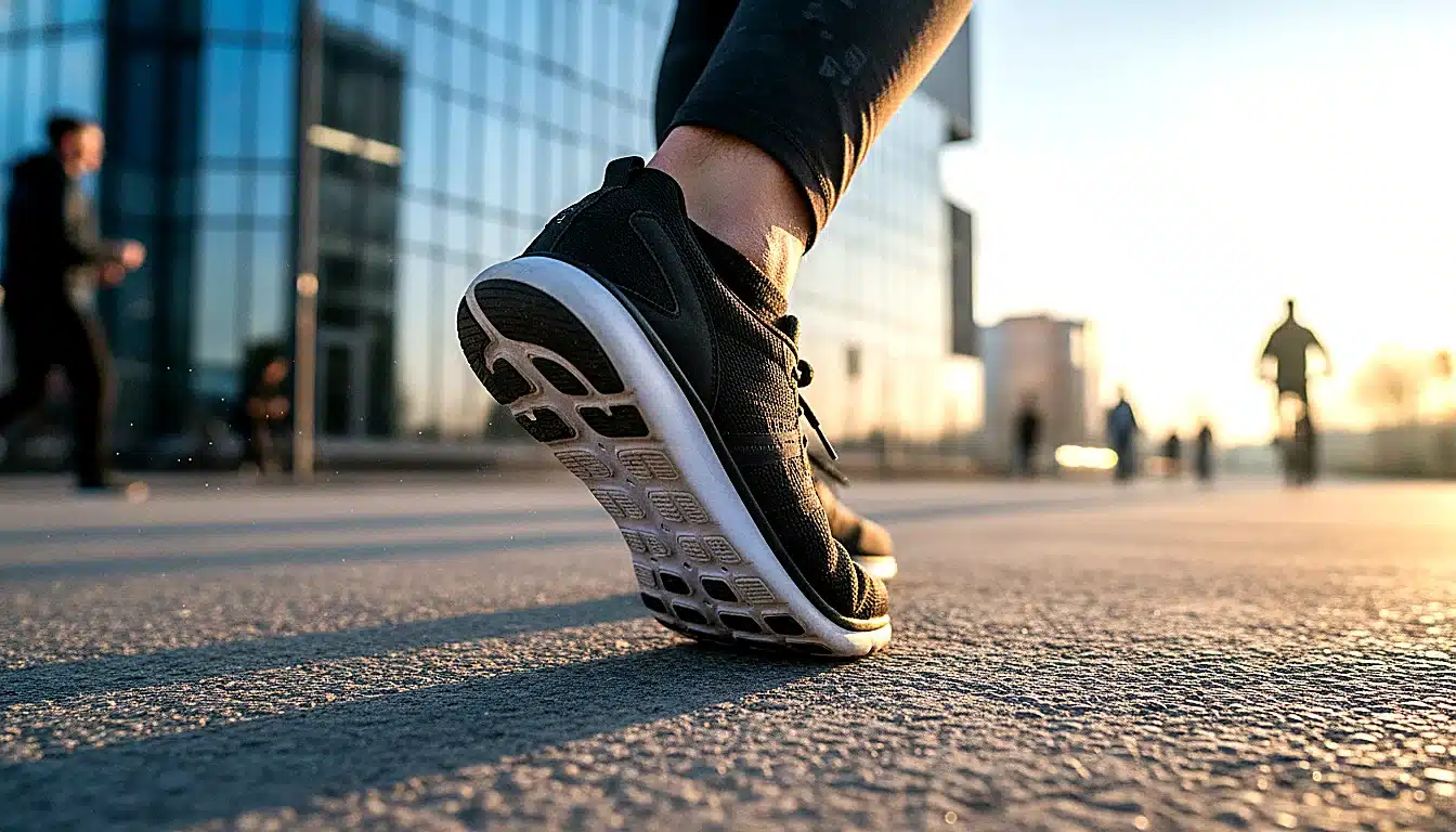 Coureur en chaussures minimalistes en action urbaine, pied poussant sur le bitume