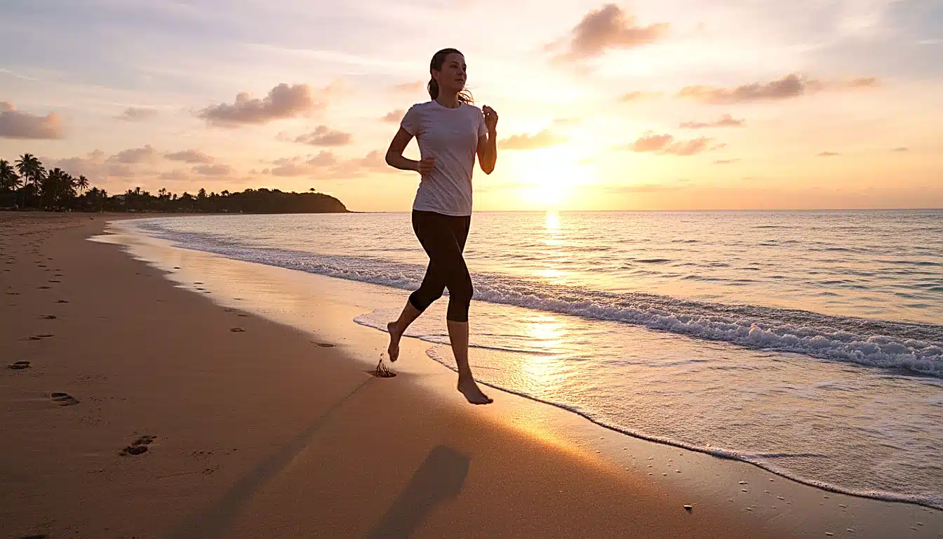 Coureuse pieds nus sur plage sable au lever du soleil, foulée naturelle