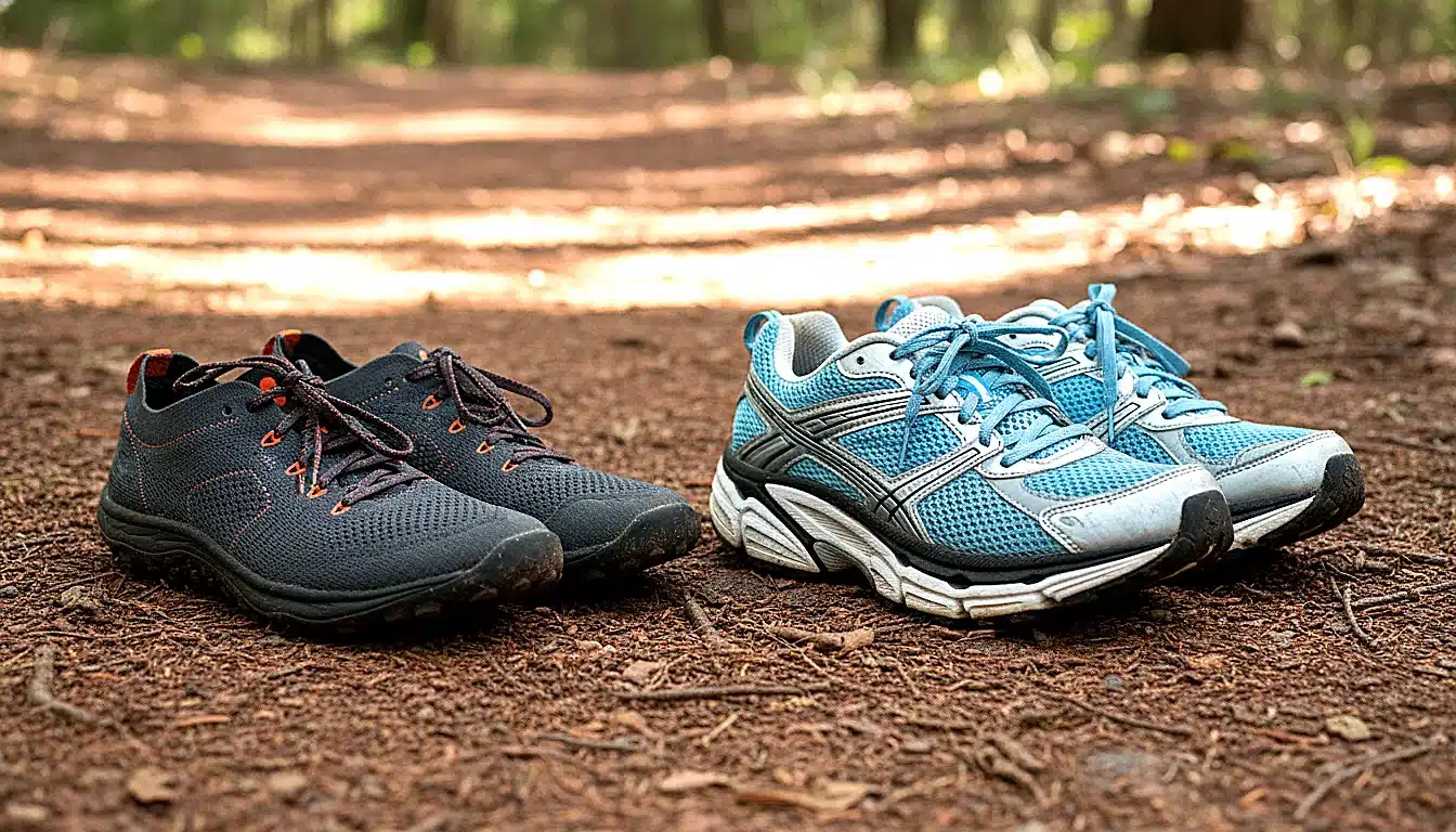 Paire de chaussures minimalistes Merrell à côté de chaussures running classiques cushionées pour comparaison