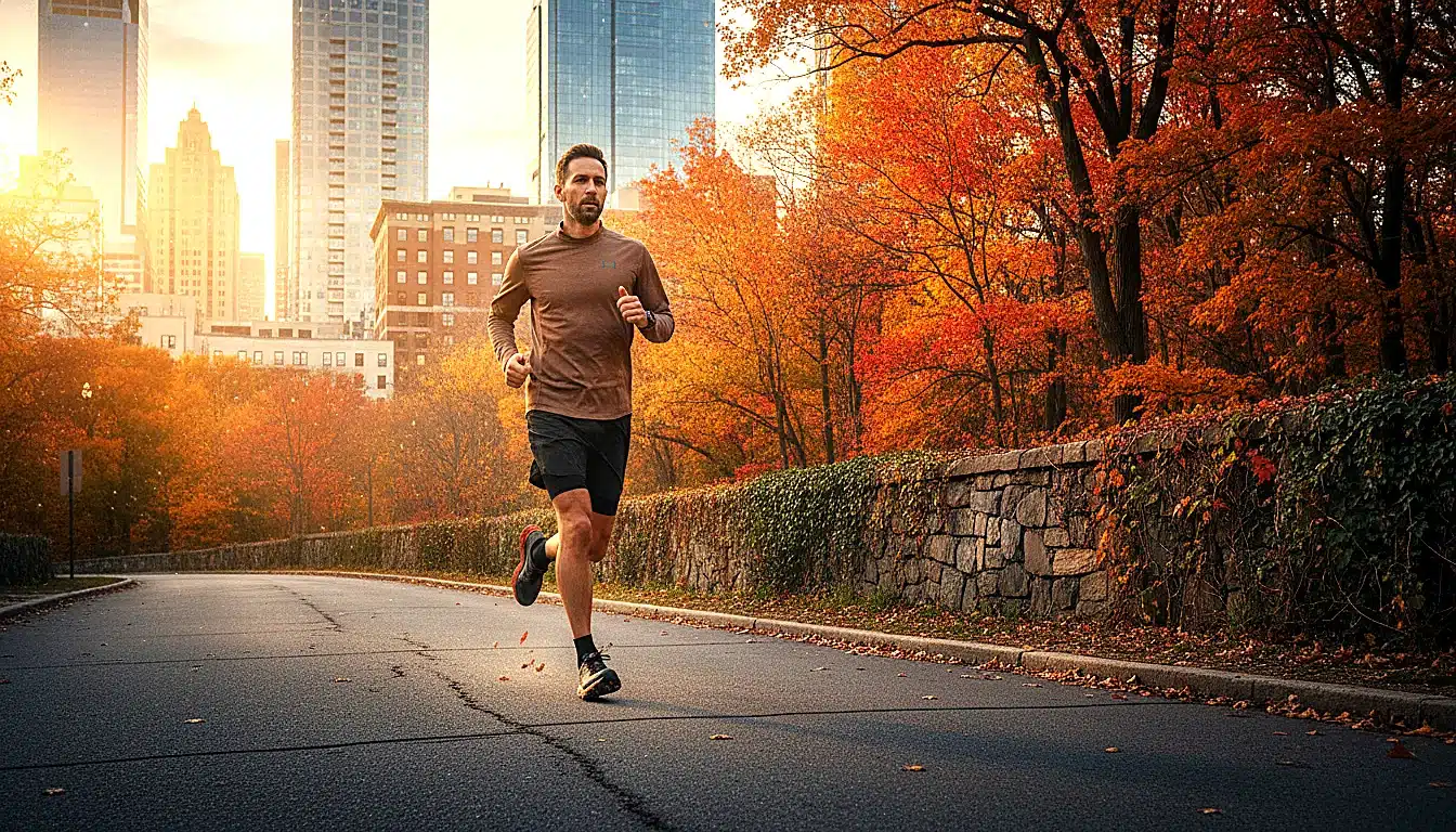 Coureur en chaussures de trail courant en environnement urbain mixte