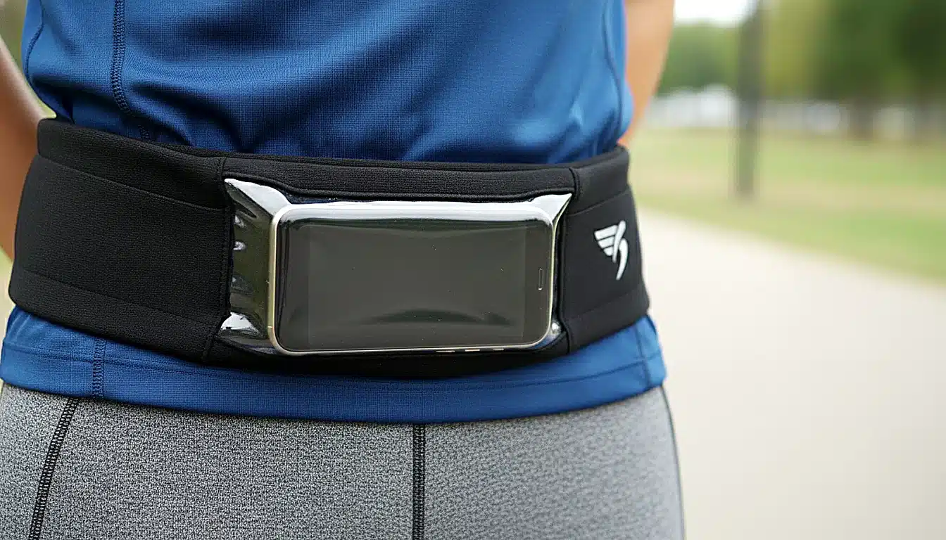 Ceinture running noire avec smartphone dans son emplacement frontal détaillée gros plan