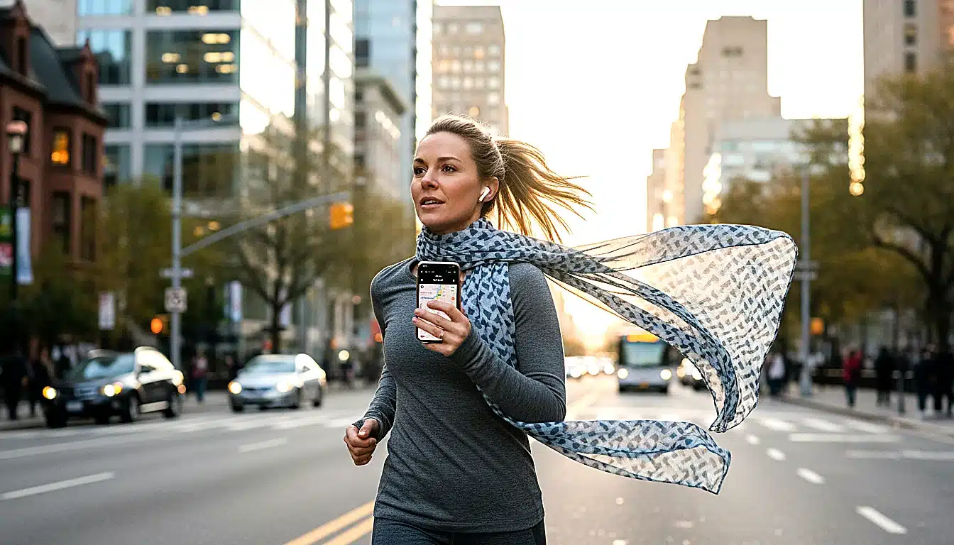 Coureuse en mouvement tenant son smartphone à la main pendant un footing urbain