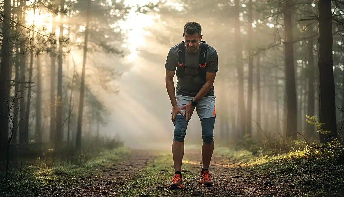 Coureur souffrant d periostite tibiale sur sentier au lever du jour