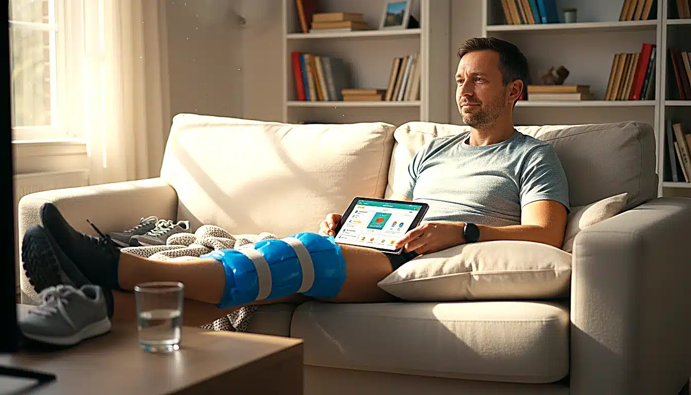 Coureur au repos avec glaçage du tibia pendant la rééducation