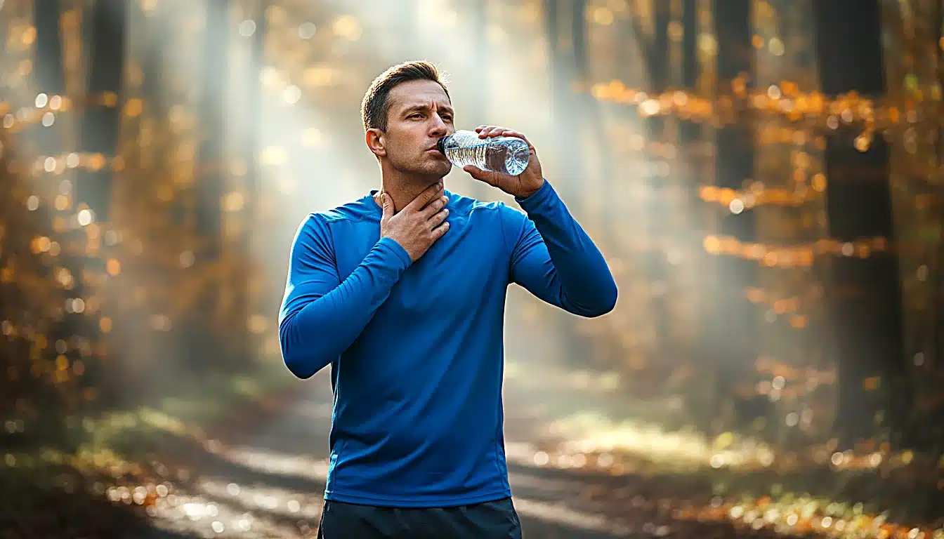 Coureur souffrant d un mal de gorge boit de l eau
