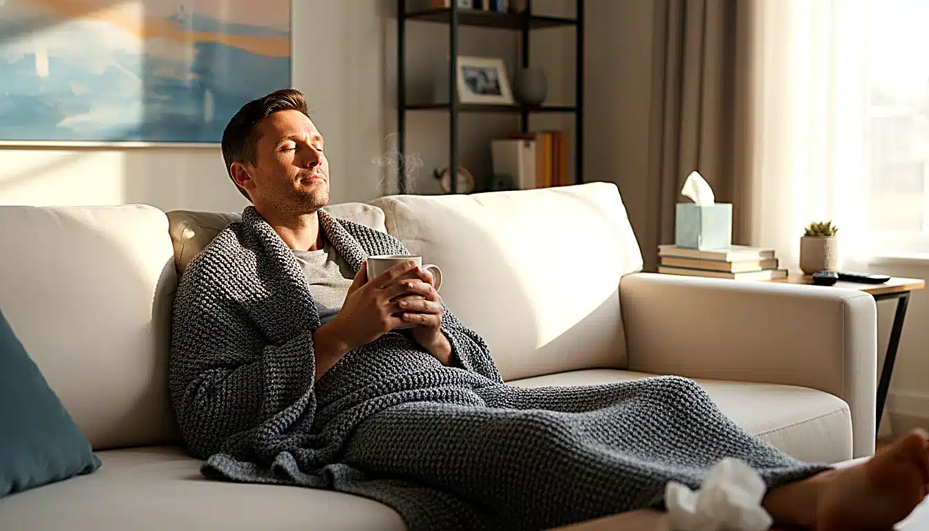Coureur au repos sur canapé pour soigner un mal de gorge avec une tisane
