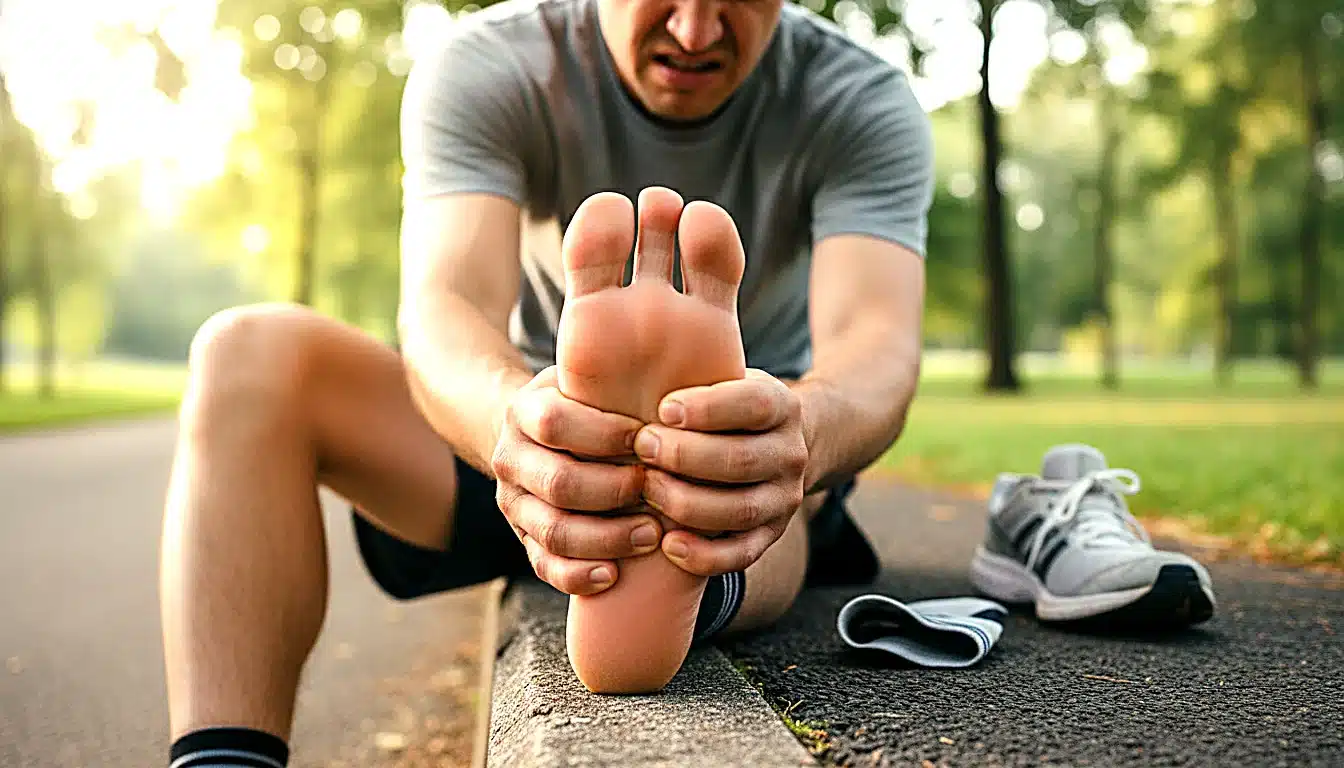 Coureur massant son pied douleur nevrome Morton