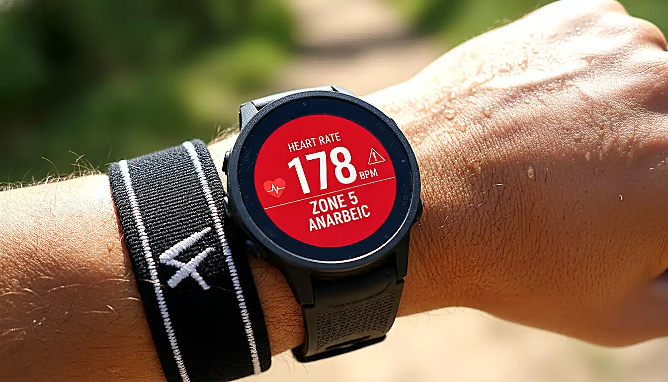 Montre GPS affichant fréquence cardiaque maximale en effort anaérobie