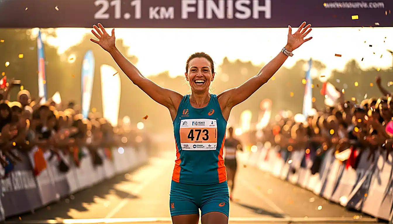 Coureuse triomphante franchissant la ligne d&rsquo;arrivée d&rsquo;un semi-marathon