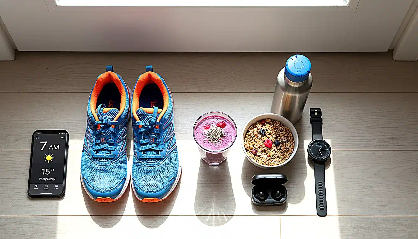 Routine matinale running quotidienne avec chaussures et matériel