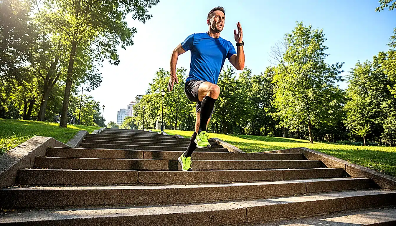 Coureur sprintant dans un escalier extérieur pour entraînement côte