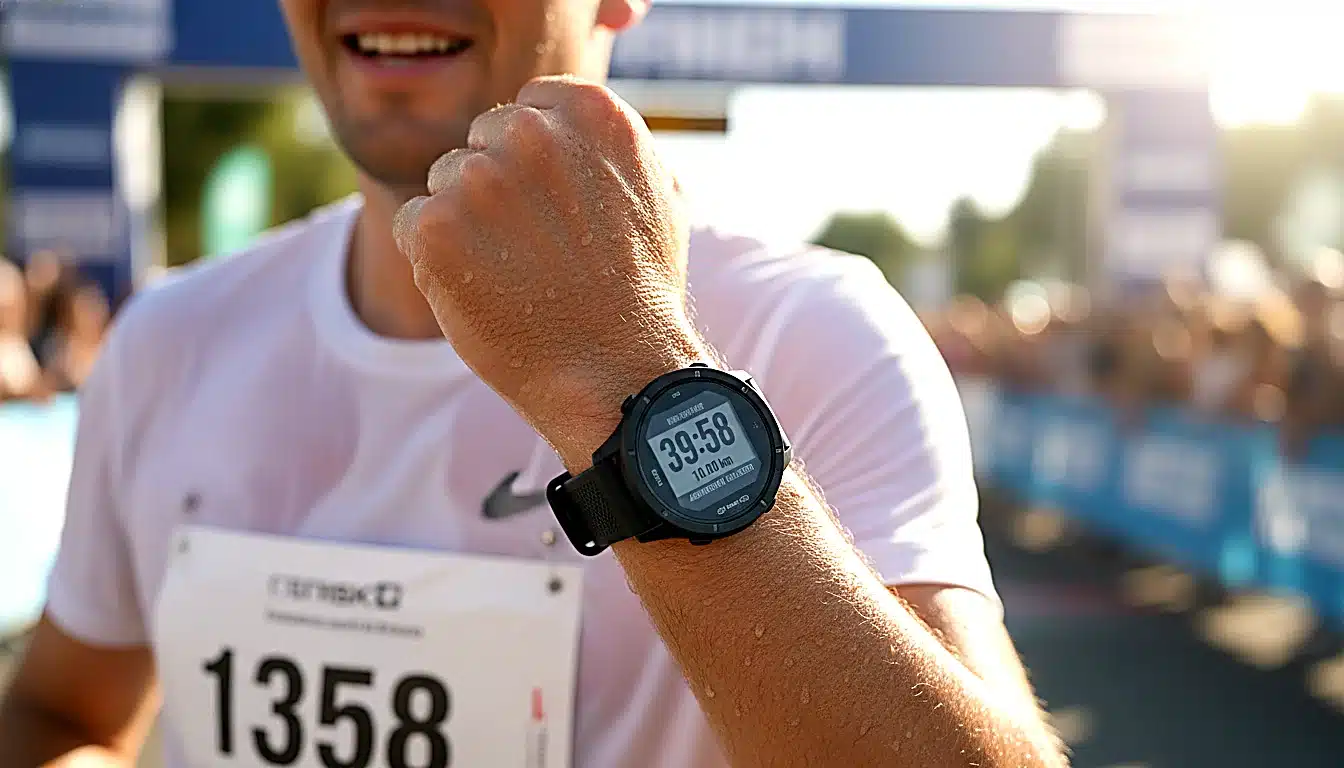 Montre GPS affichant le chrono 39:58 pour un 10 km sub-40