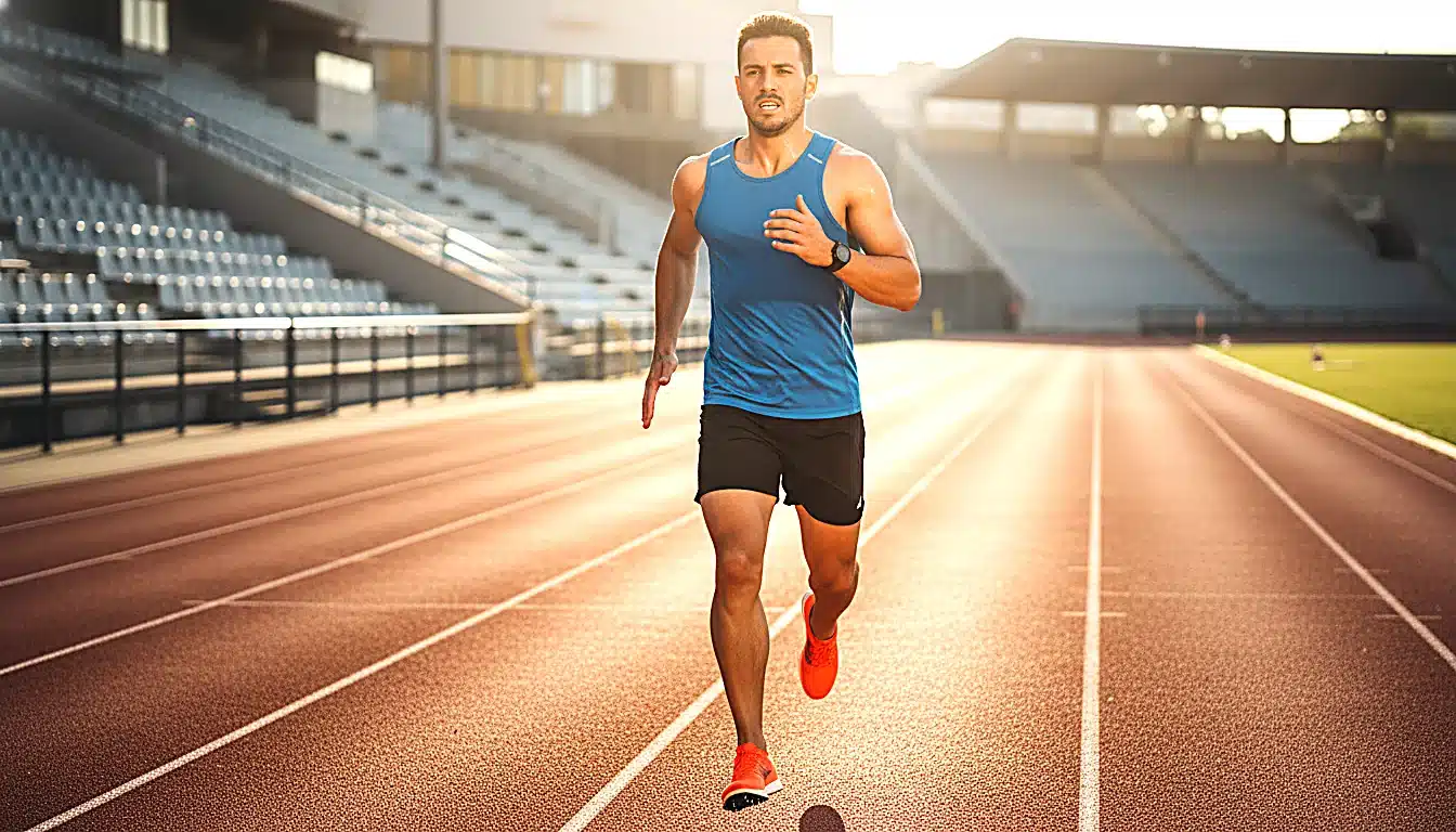 Coureur en séance tempo sur piste pour préparer un 10 km en 40 min
