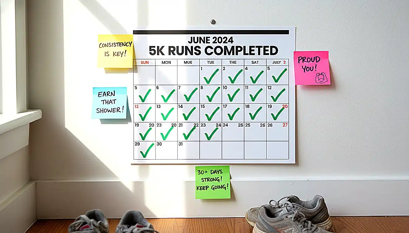 Calendrier hebdomadaire avec checkmarks pour suivre la routine 5km quotidienne