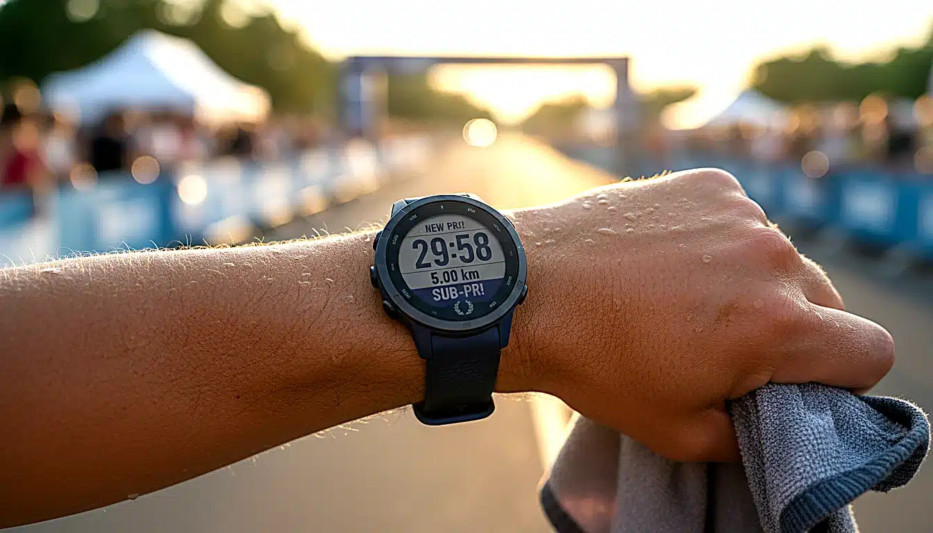 Montre GPS affichant le temps de 29:58 pour un 5 km sous 30 minutes