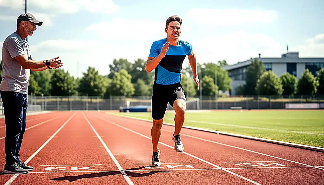 Coureur sur piste en entraînement spécifique CAP avec coach