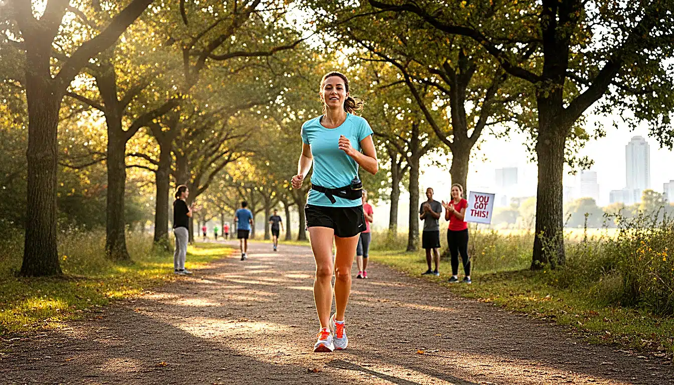 Coureur débutant alternant marche et course sur un sentier