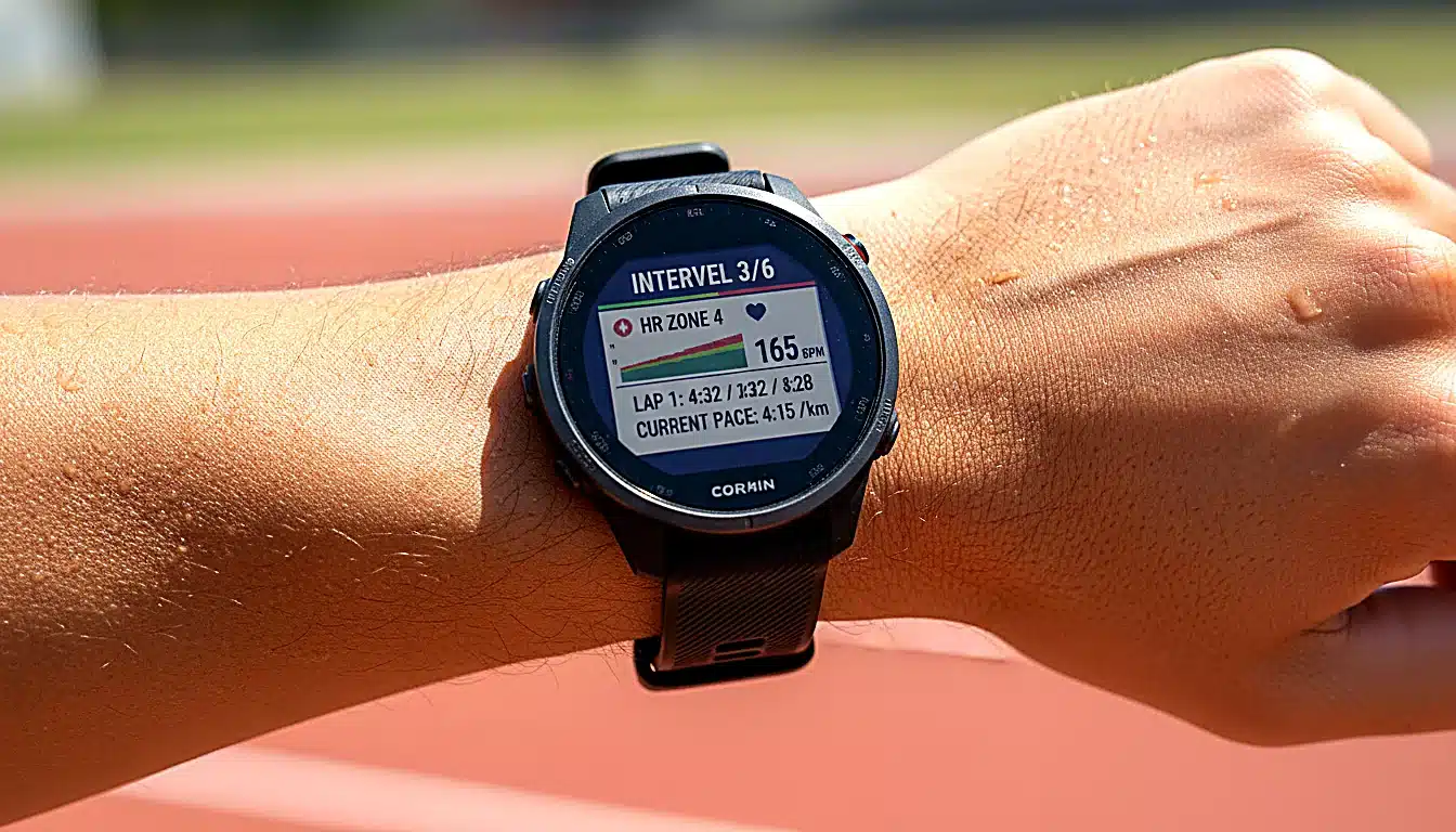 Montre GPS affichant une séance de fractionné avec splits et fréquence cardiaque