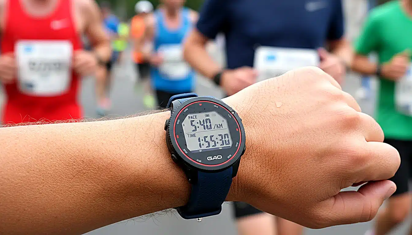 Montre GPS affichant l&rsquo;allure 5:40 min/km pendant marathon sub-4h