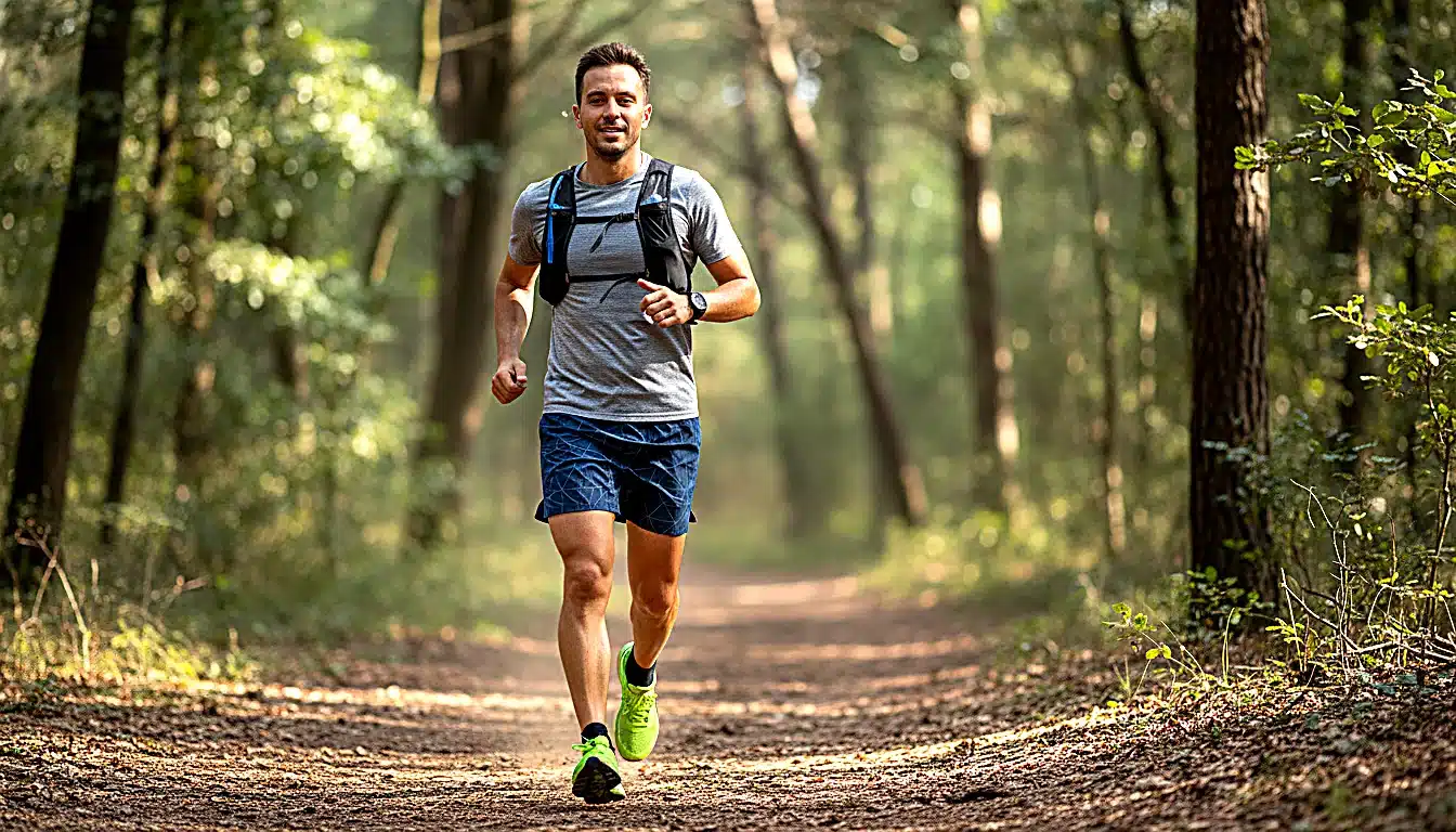 Coureur en sortie tempo de 7 km en forêt