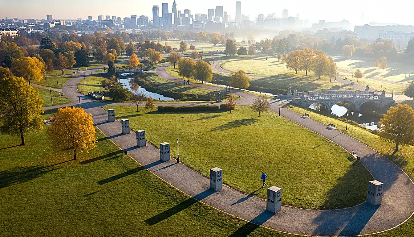 Parcours type 7 km dans un parc urbain avec marqueurs