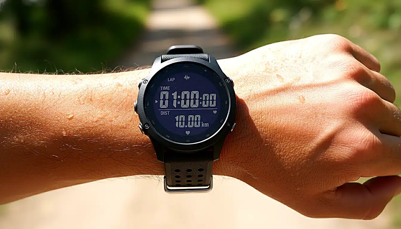 Montre GPS affichant le chrono 1 heure et la distance 10 km