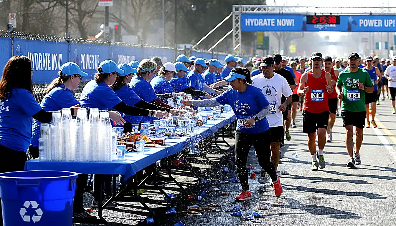 Ravitaillement marathon avec gobelets d&rsquo;eau et gels énergétiques