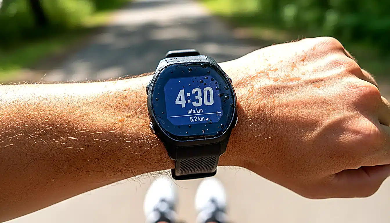 Montre GPS affichant l&rsquo;allure 4:30 min/km pour courir plus vite