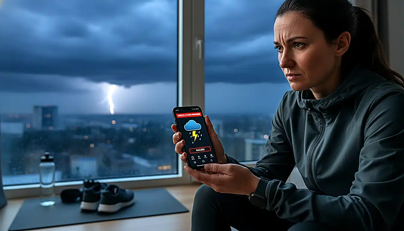 Smartphone affichant alerte orage avec ciel sombre en arrière-plan