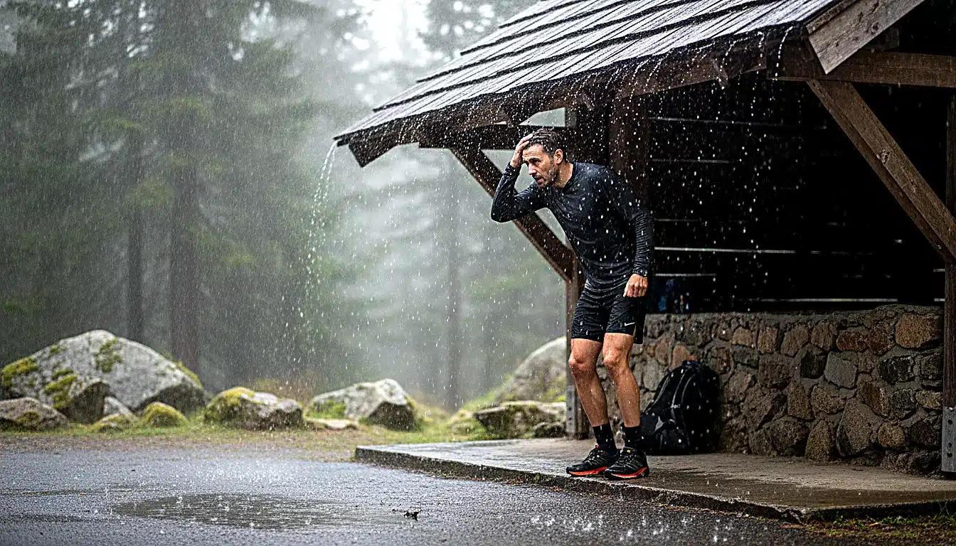 Coureur s’abritant sous un porche pendant un orage soudain