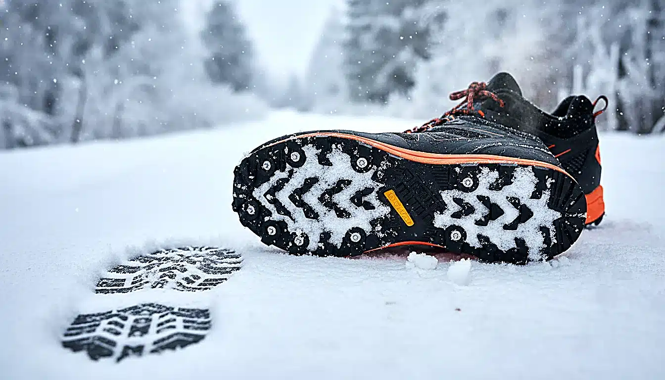 Chaussures running avec crampons agressifs sur sol enneigé