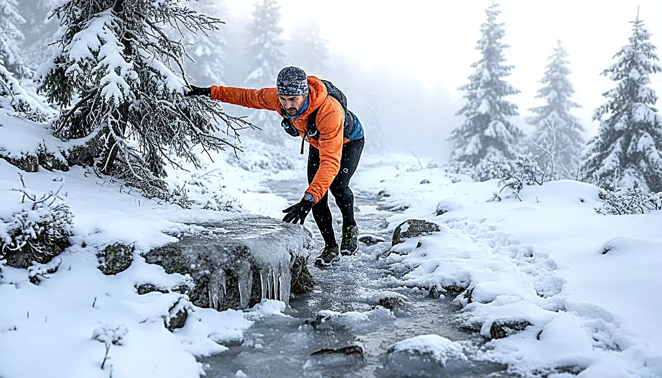 Coureur testant prudemment l&rsquo;adhérence sur terrain enneigé