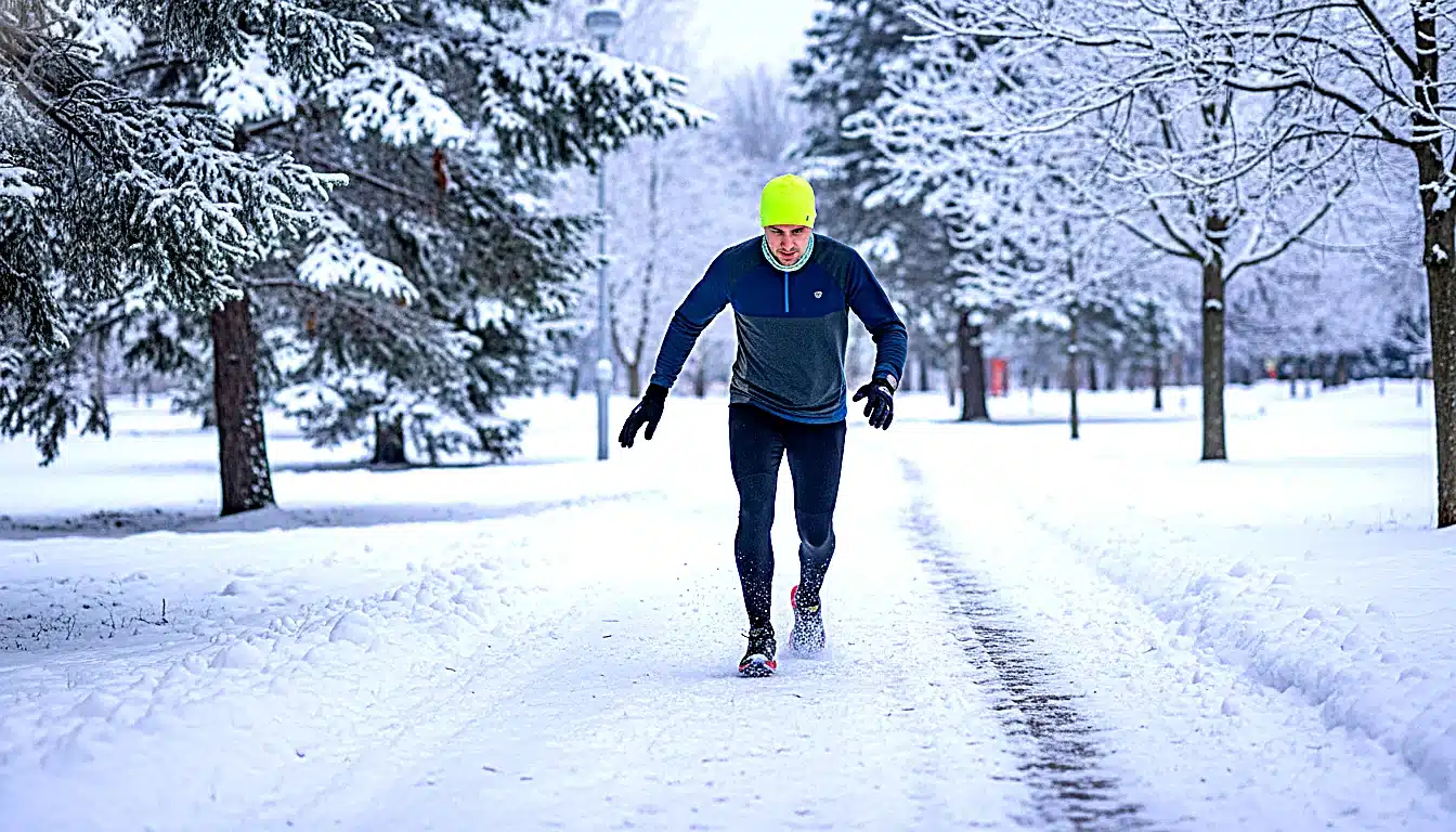 Coureur avec foulée courte adaptée sur sentier enneigé