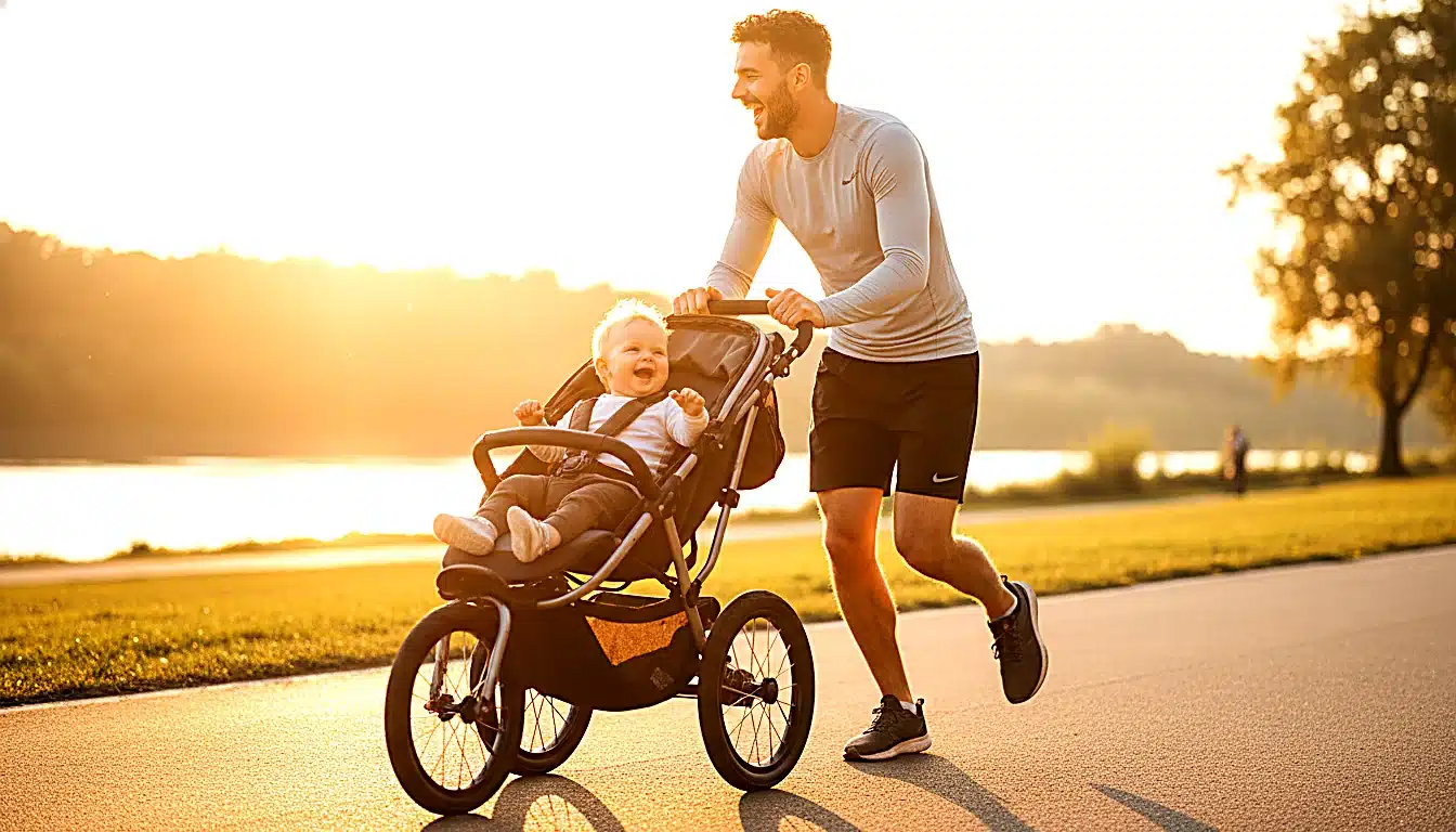 Père courant avec son bébé souriant dans poussette de jogging