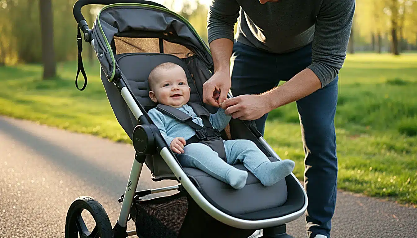 Parent sécurisant bébé dans le harnais 5 points de la poussette