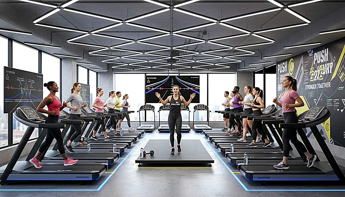 Cours collectif de fitness avec instructeur dans salle de sport