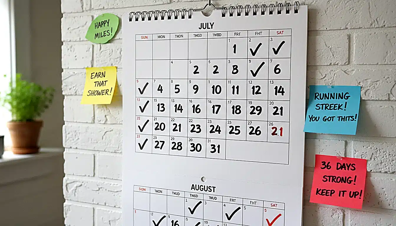 Calendrier marqué de checkmarks pour 30+ jours consécutifs de course