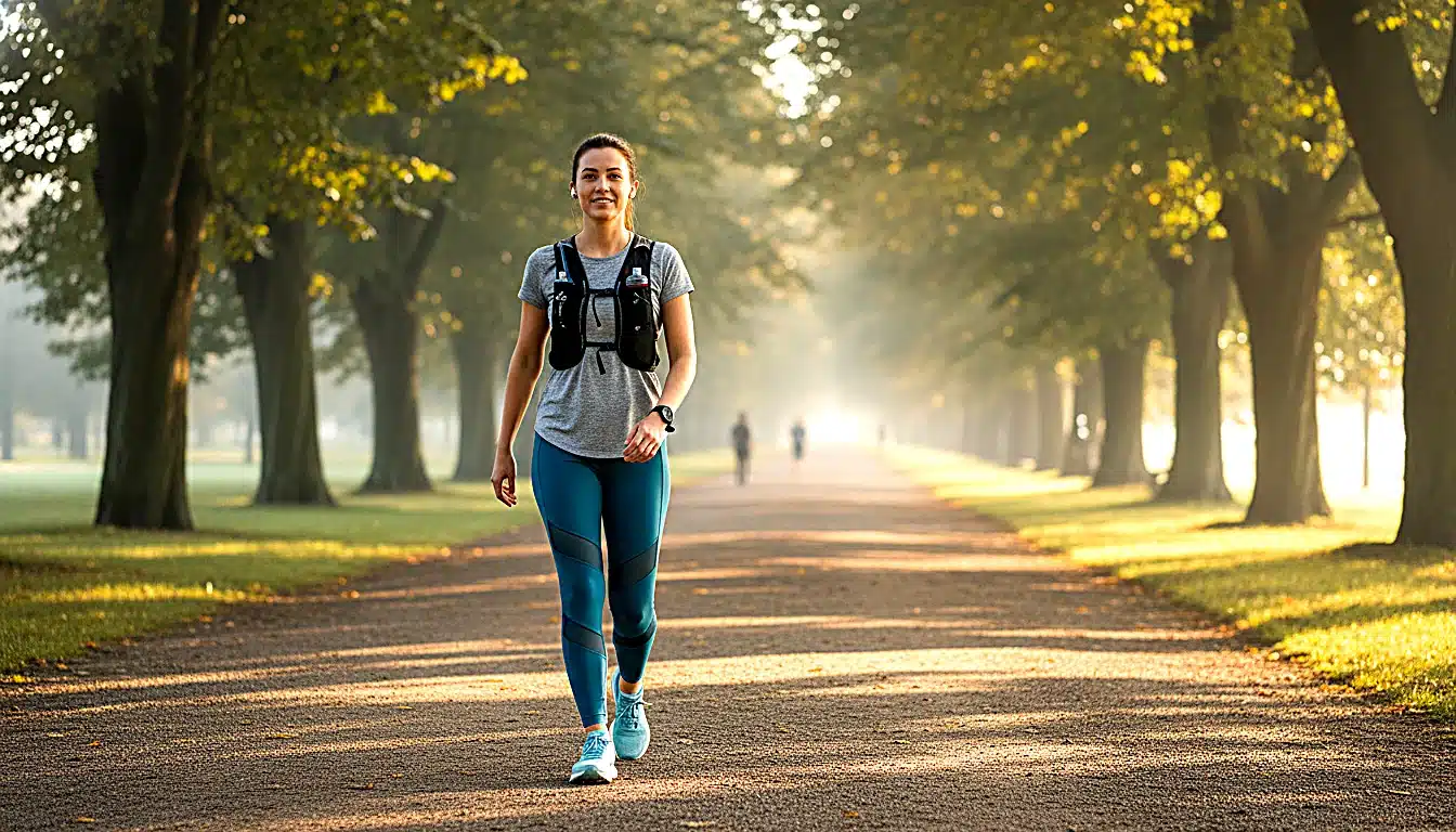 Coureur débutant alternant marche et course sur sentier