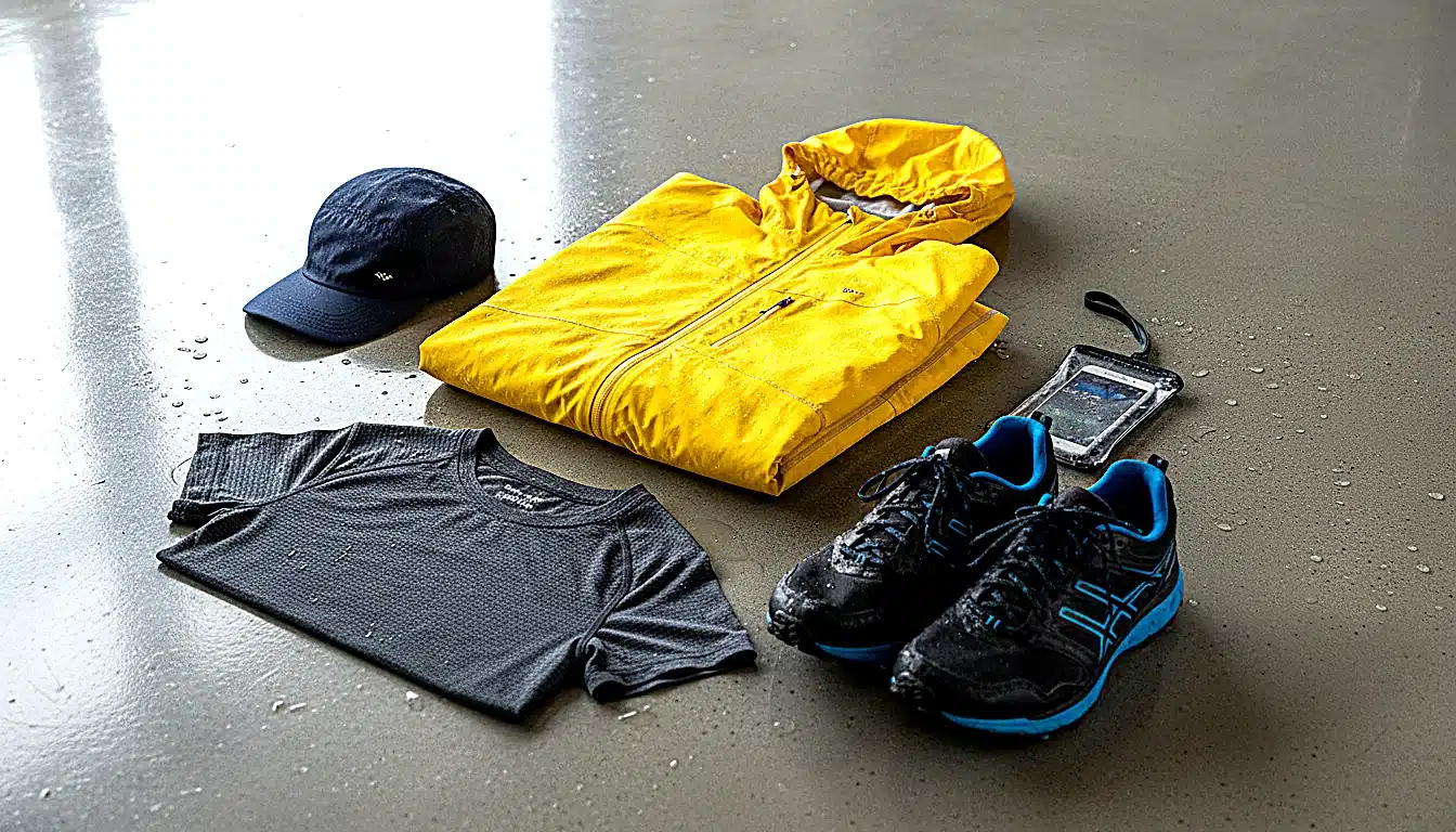 Équipement complet pour courir sous la pluie : veste imperméable, casquette