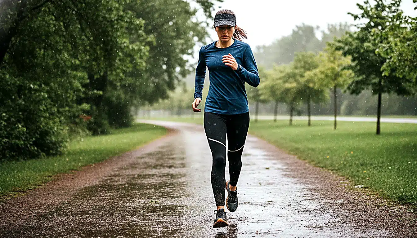 Technique de course adaptée sous la pluie avec casquette